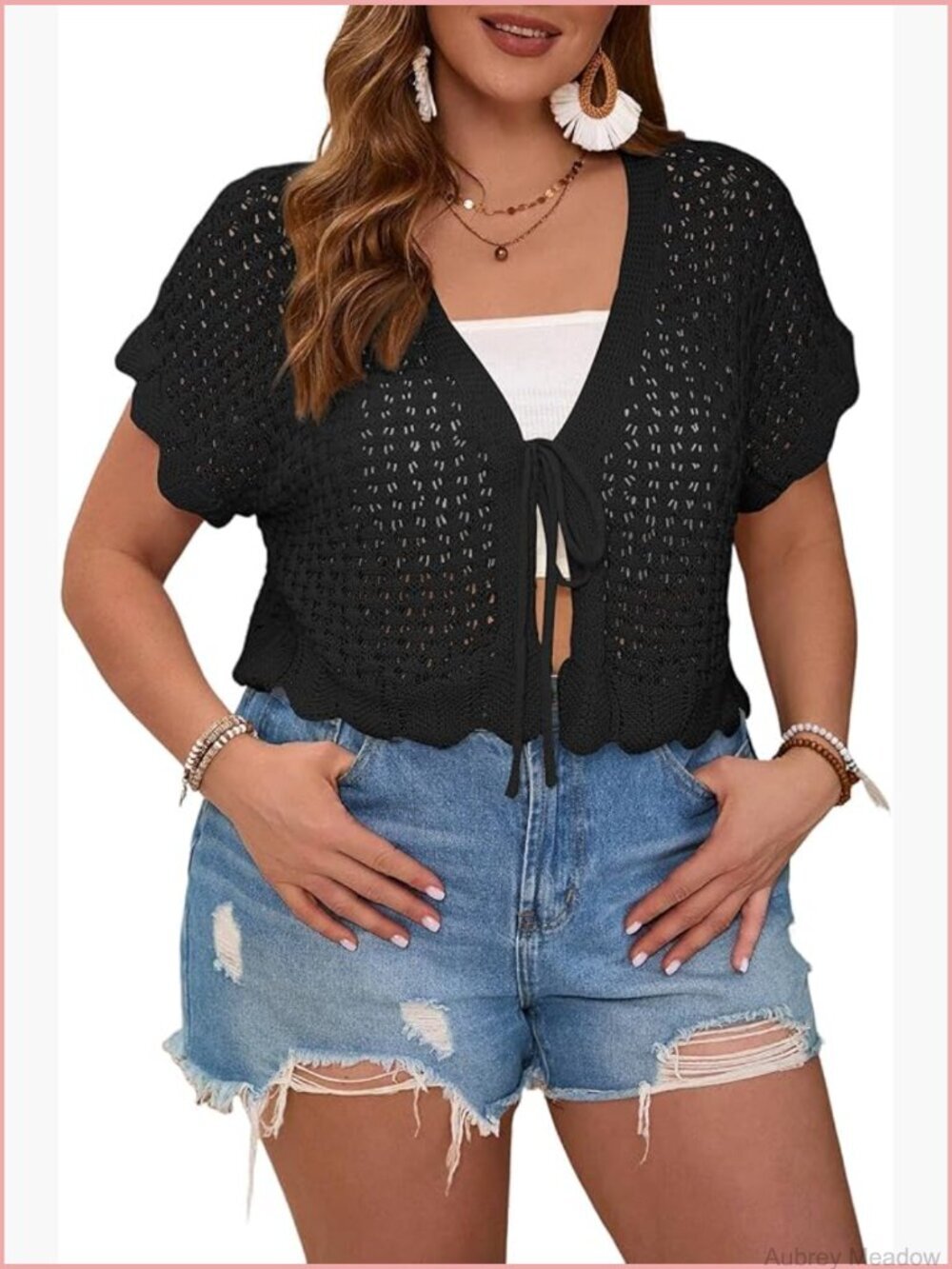 Plus Size Tie Front Cropped Cardigan Short Sleeve V-Neck Lightweight Knitwear